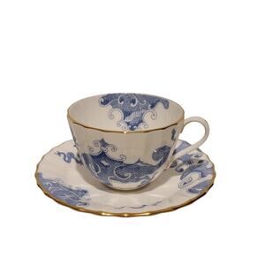 Vintage Royal Worcester Blue Dragon Tea Cup & Saucer Gold Trim with‎ Stand